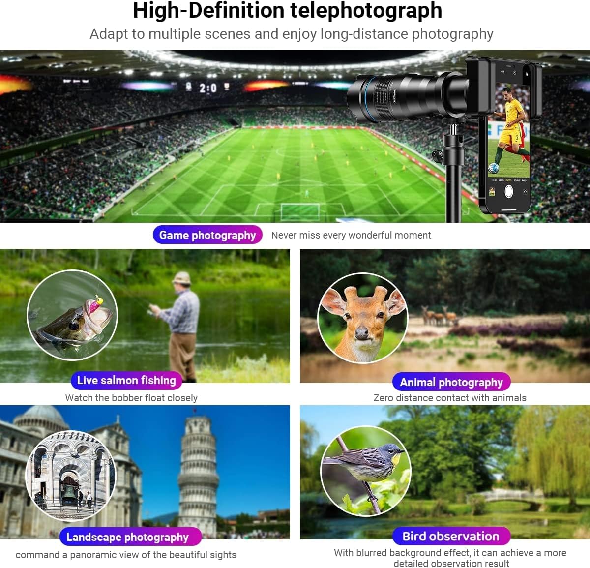 APEXEL 36X Telephoto Lens Kit for Smartphone, Magnification Phone Lens with Universal Clip Attachment, HD Magnifier Photography Lens for iPhone Android Phone (Fits for Almost All Phone) - Image 6