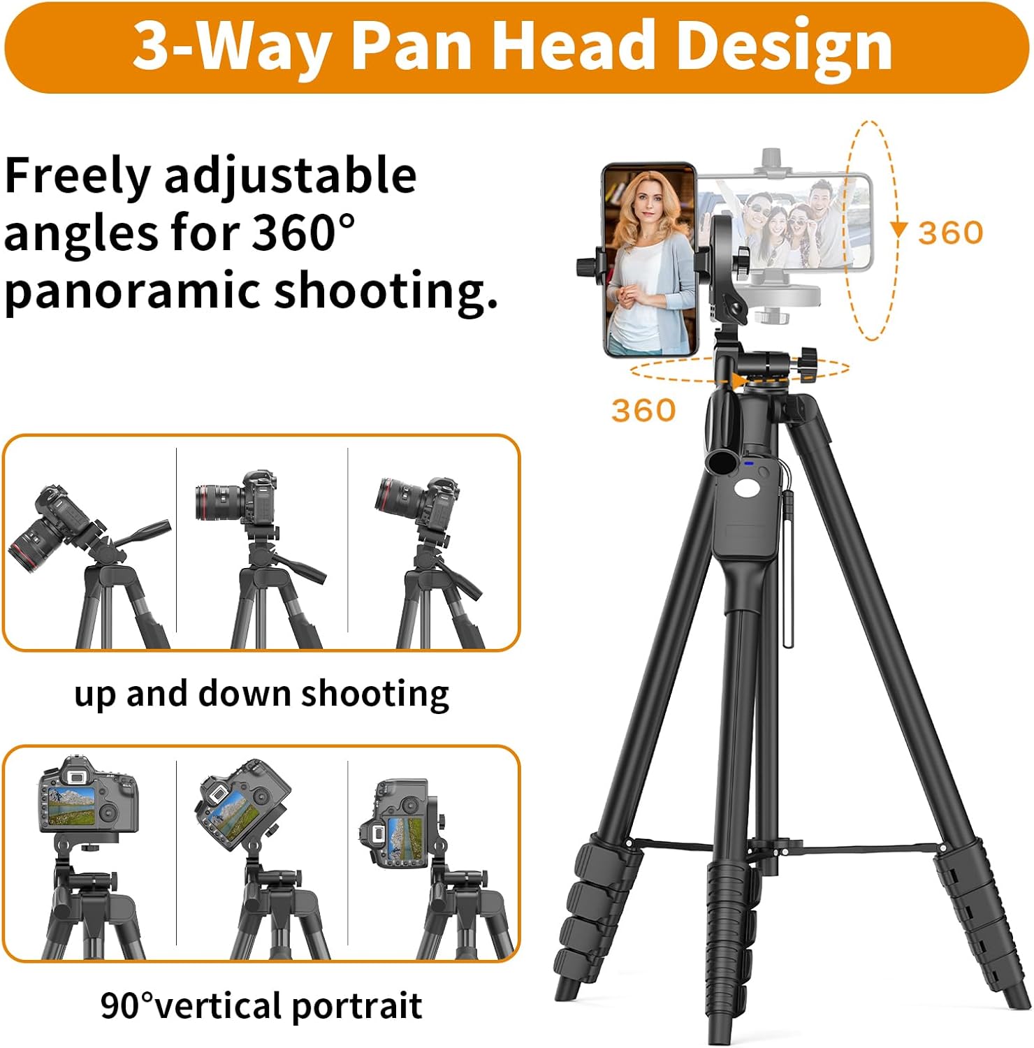 XXZU Tripod, 67" Camera Tripod with Travel Bag, Cell Phone Tripod with Remote, Aluminum Portable Tripod Stand with Phone Tripod Mount & 1/4”Screw, for Phone/Camera/Projector/DSLR/SLR - Image 3