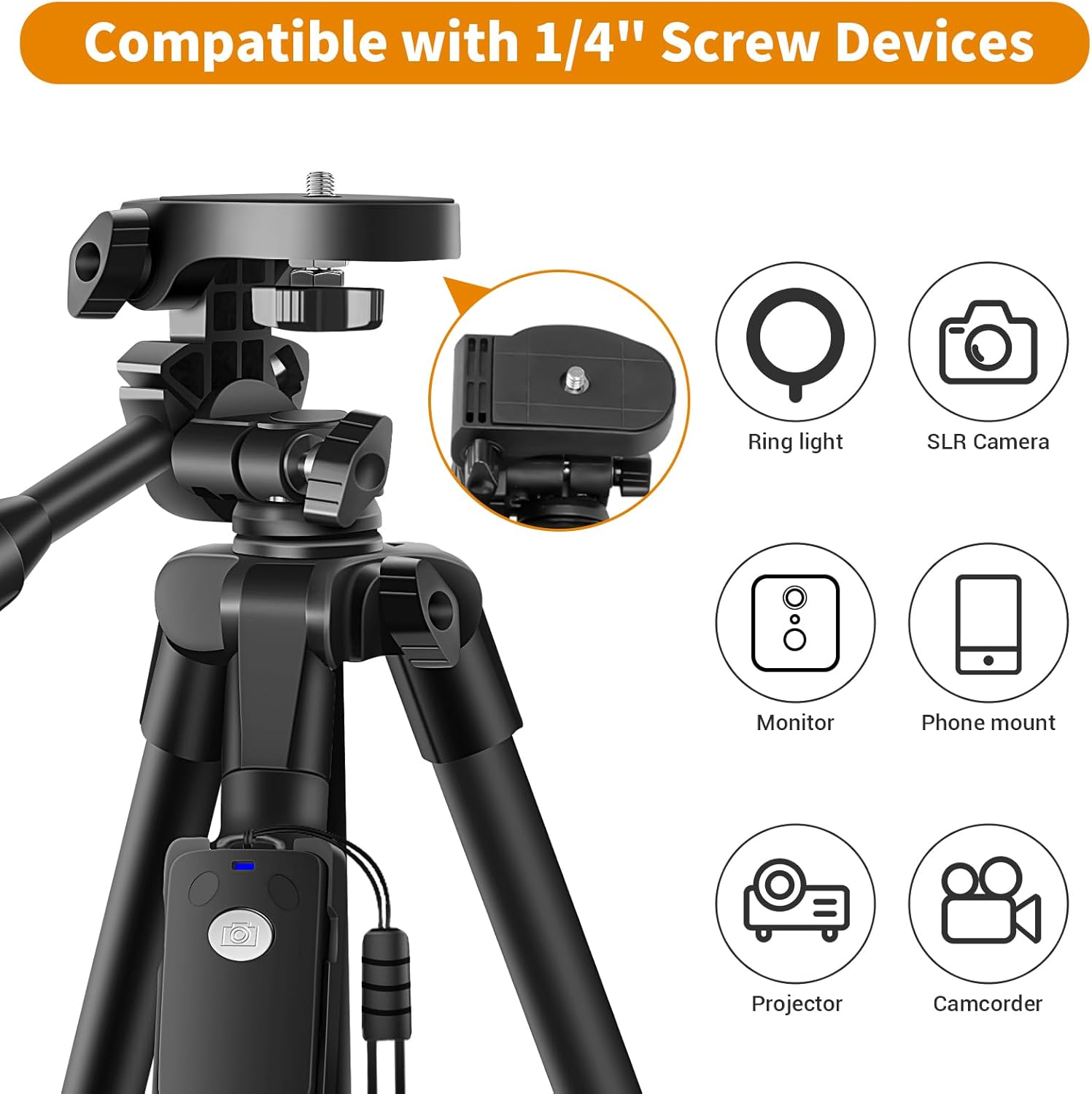 XXZU Tripod, 67" Camera Tripod with Travel Bag, Cell Phone Tripod with Remote, Aluminum Portable Tripod Stand with Phone Tripod Mount & 1/4”Screw, for Phone/Camera/Projector/DSLR/SLR - Image 5