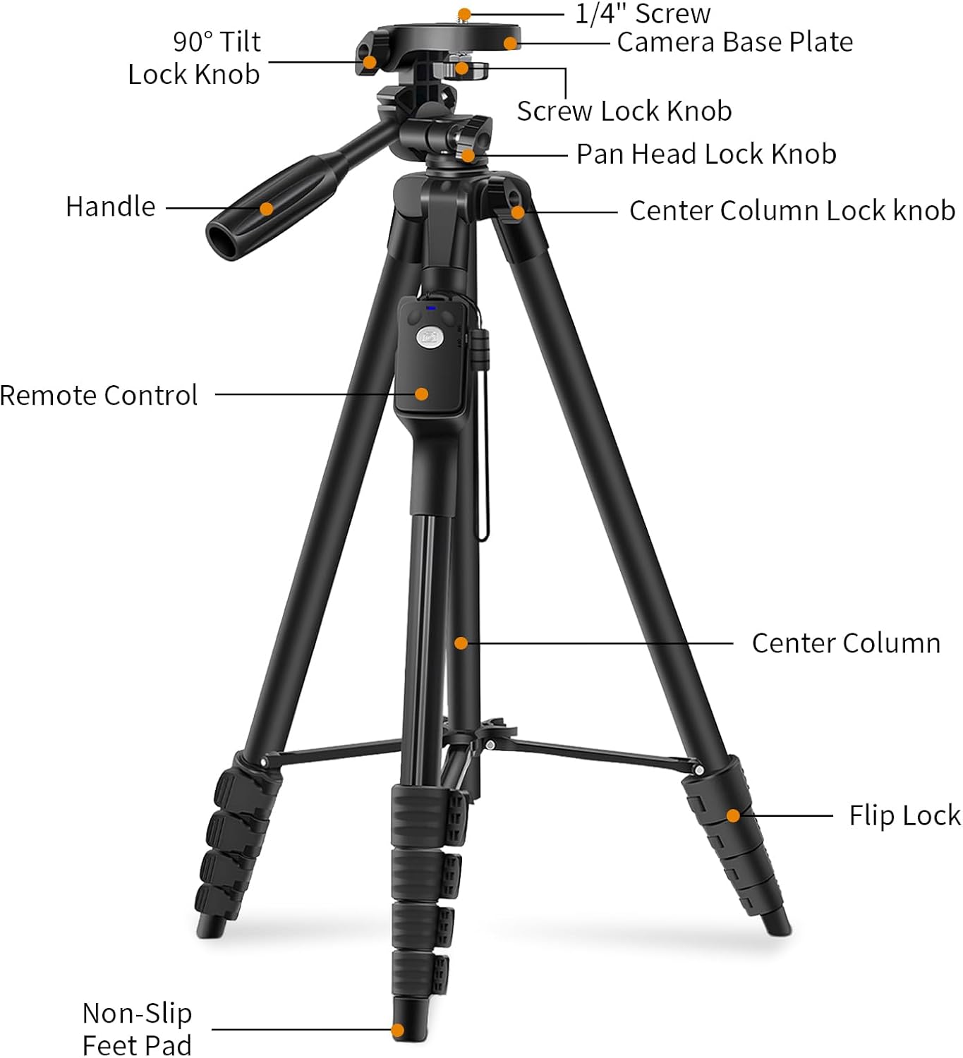 XXZU Tripod, 67" Camera Tripod with Travel Bag, Cell Phone Tripod with Remote, Aluminum Portable Tripod Stand with Phone Tripod Mount & 1/4”Screw, for Phone/Camera/Projector/DSLR/SLR - Image 7